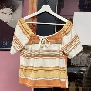Y2K Striped Off-Shoulder Blouse - Orange and Cream